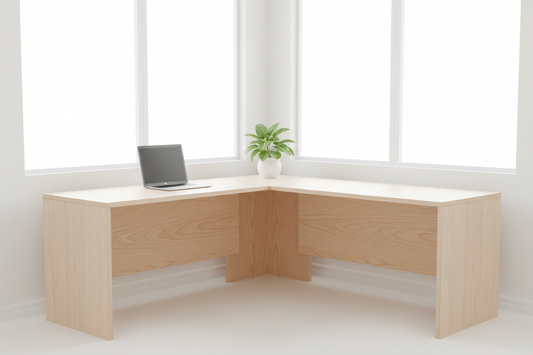 Bright L-shaped corner desk in pale birch plywood