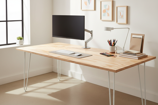 Creative studio workspace with birch ply desktop