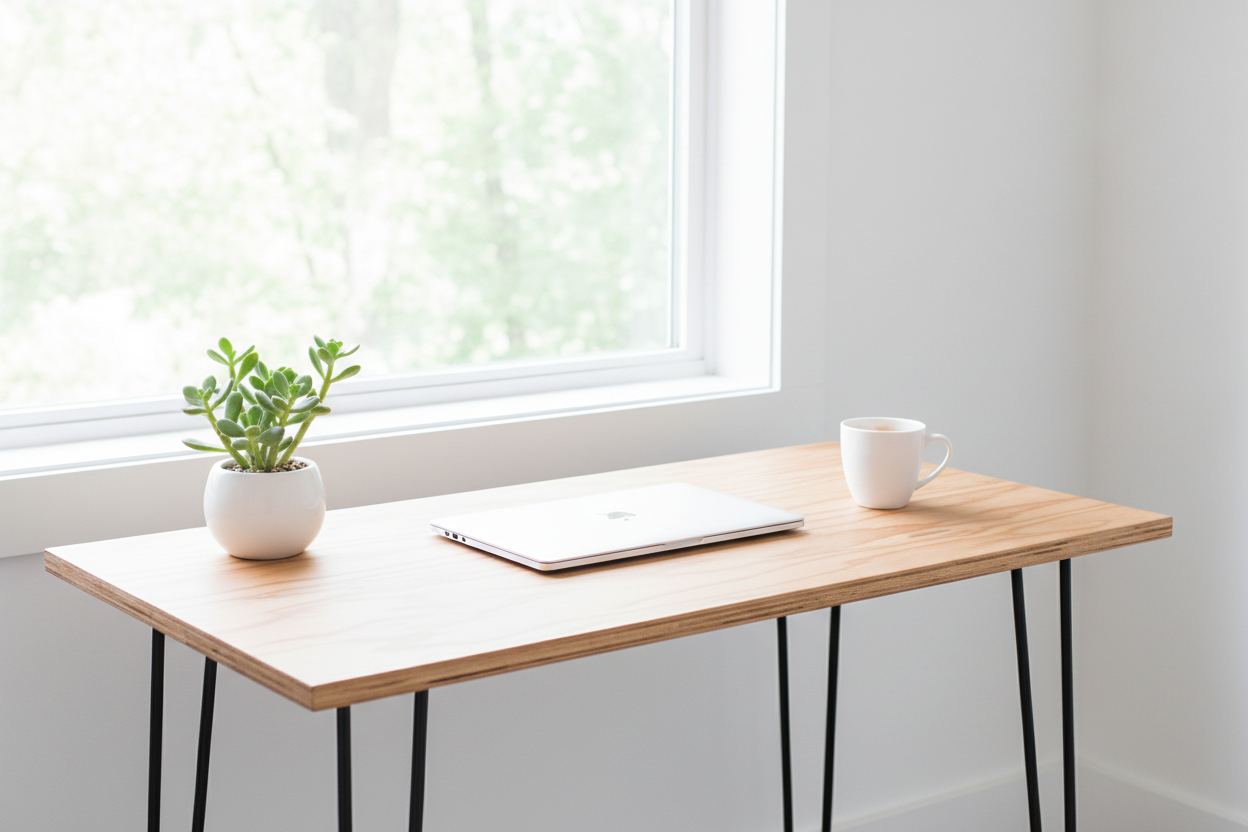 Minimalist home office with birch plywood desktop