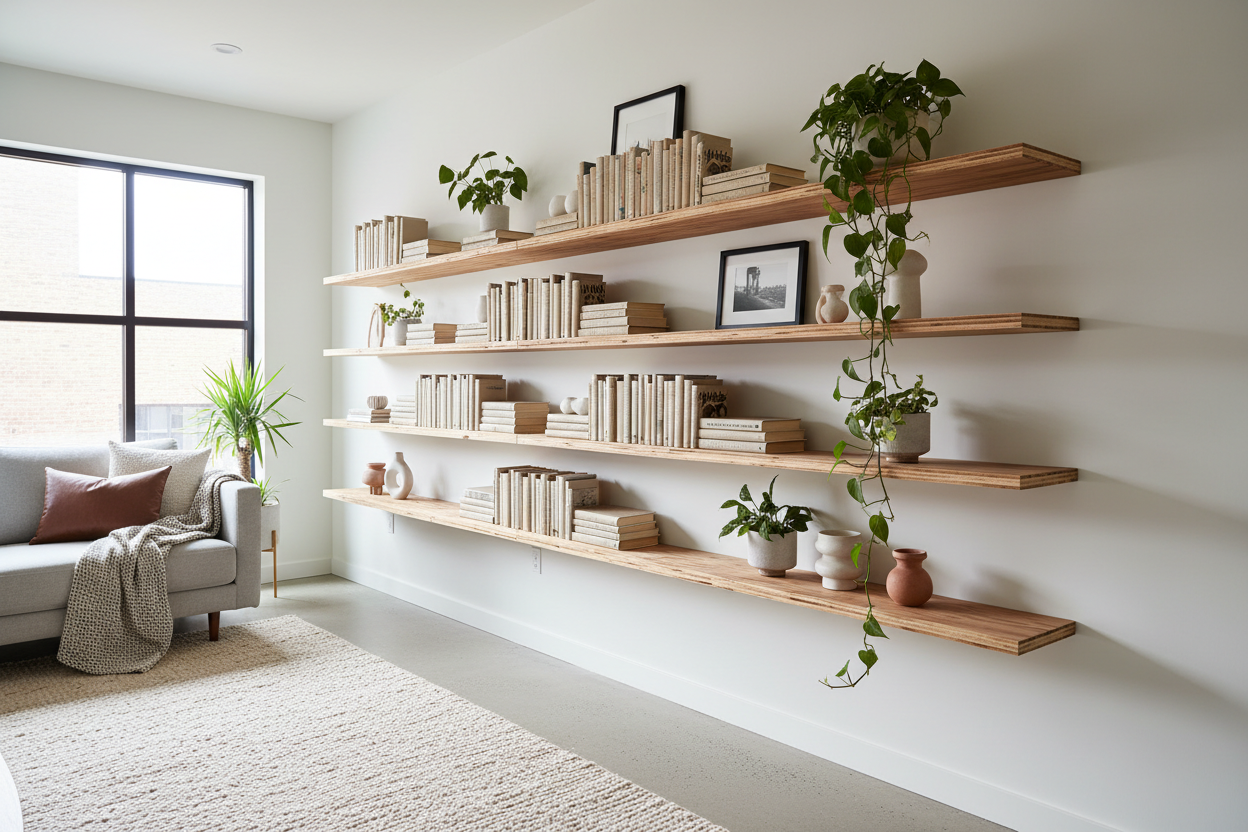 Plywood shelving in modern home